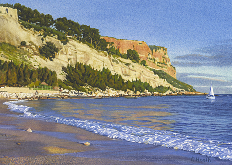 A watercolour painting of the evening sun on Cap Canaille, Cassis, France by Margaret Heath RSMA.